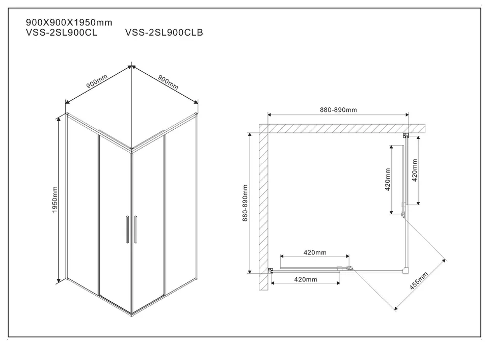 Душевой уголок Слим (Slim) VSS-2SL900CLB, 900*900, м.черный, стекло прозрачное