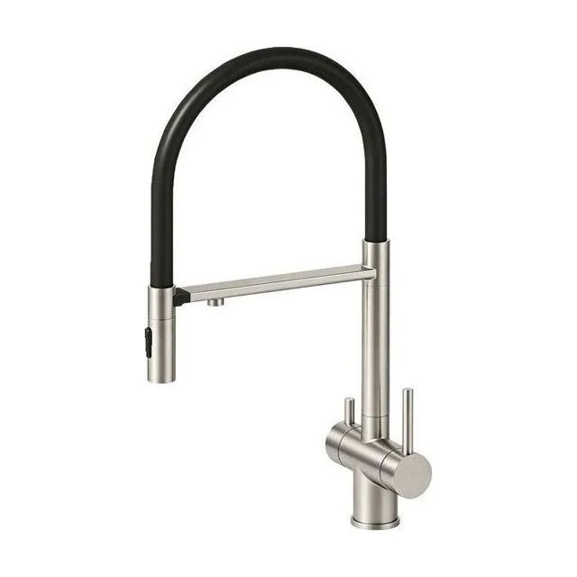 Смеситель для кухни с подключением фильтра AVRORA KITCHEN с гибким изливом, цвет нержавеющая сталь, цвет излива чёрный