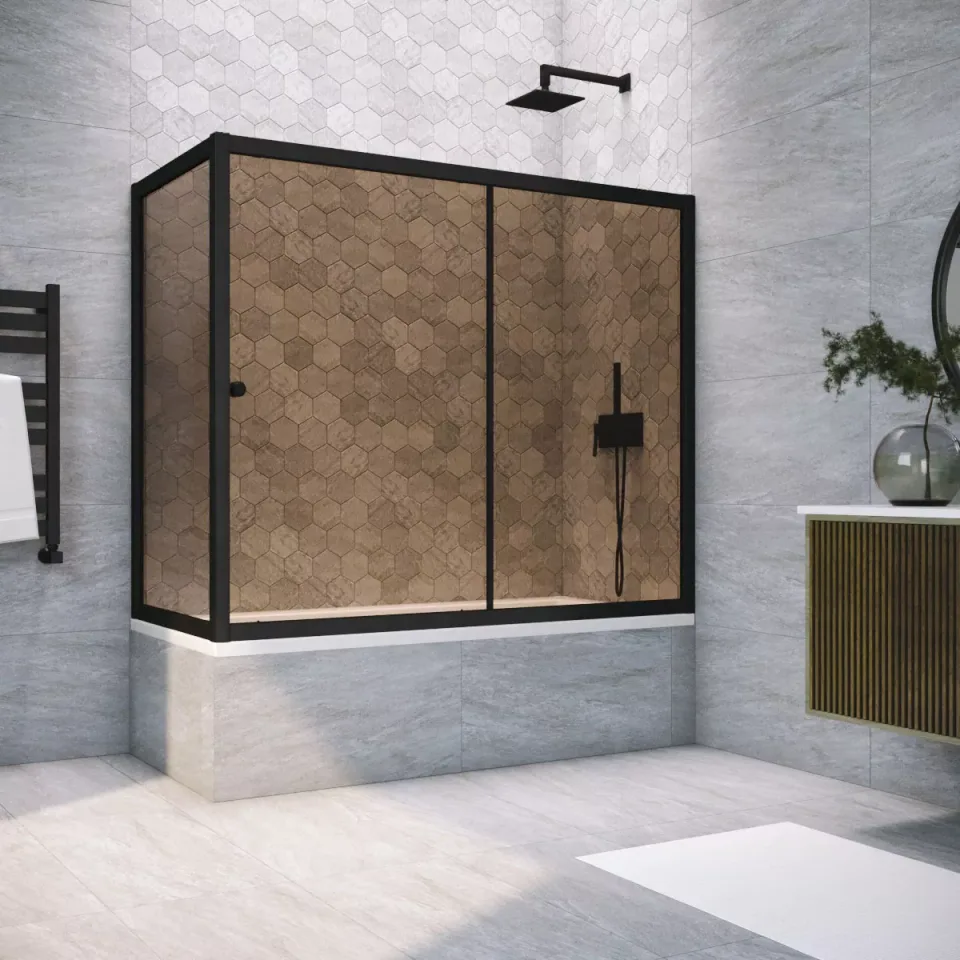 Шторка на ванну Vegas-Glass ZV+ZVF NOVO 180×85×140 см, чёрный матовый, стекло бронза