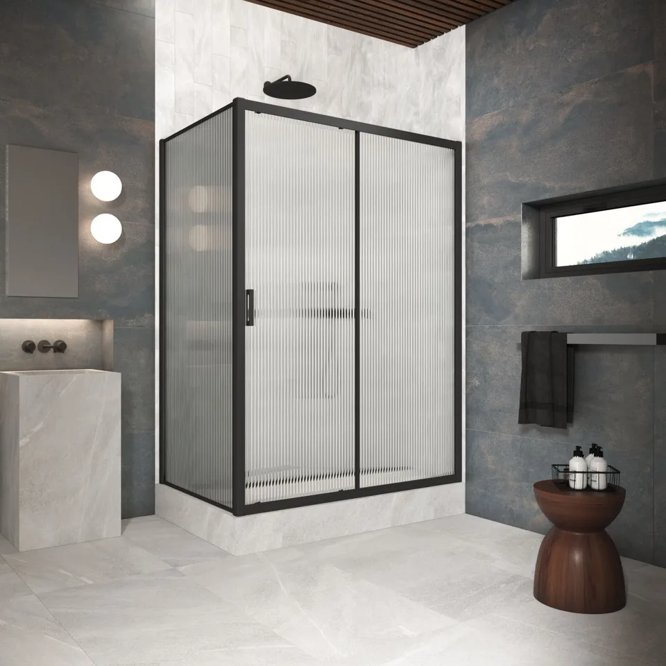 Душевое ограждение Vegas-Glass ZP+ZPV Protec 135×90×200 см, чёрный матовый, стекло мору (moru)