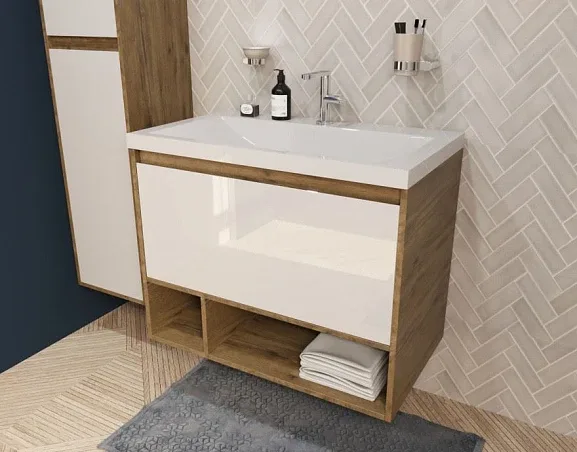 Тумба с раковиной Эстет Monaco Wood 80 1 ящик белая/дуб рустикальный ФР-00010683