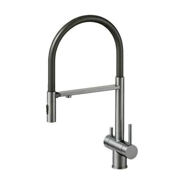 Смеситель для кухни с подключением фильтра AVRORA KITCHEN с гибким изливом, цвет оружейная сталь, цвет излива чёрный