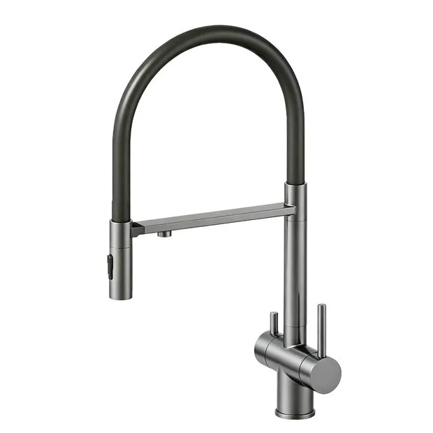 Смеситель для кухни с подключением фильтра AVRORA KITCHEN с гибким изливом, цвет оружейная сталь, цвет излива чёрный