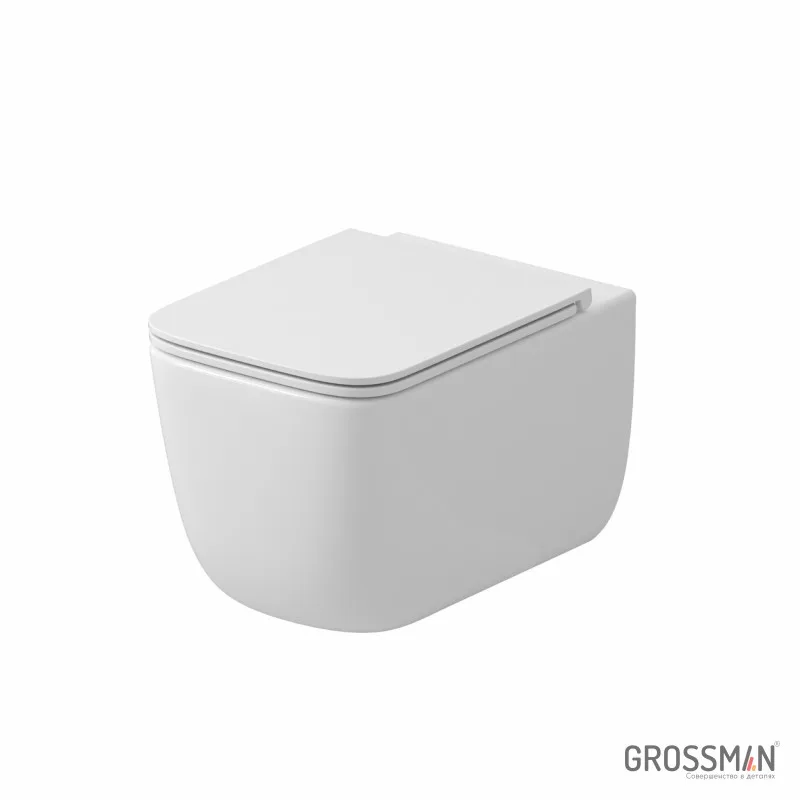 Унитаз подвесной Grossman GR-4409SQ (530х365х373) безободковый,белый с тонкой крышкой,микролифт,смыв торнадо
