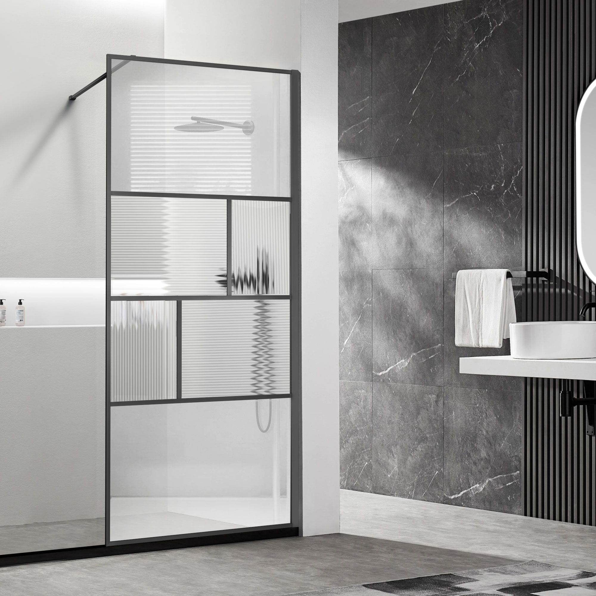 Душевая перегородка Vincea Волк-Ин (Walk-In) VSW-1HC100CFGM 100х200 стекло прозрачное/рифленое 8 мм профиль вороненая сталь