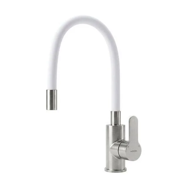 Смеситель для кухни AVRORA KITCHEN с гибким изливом, цвет нержавеющая сталь, цвет излива белый