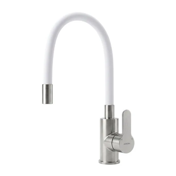 Смеситель для кухни AVRORA KITCHEN с гибким изливом, цвет нержавеющая сталь, цвет излива белый
