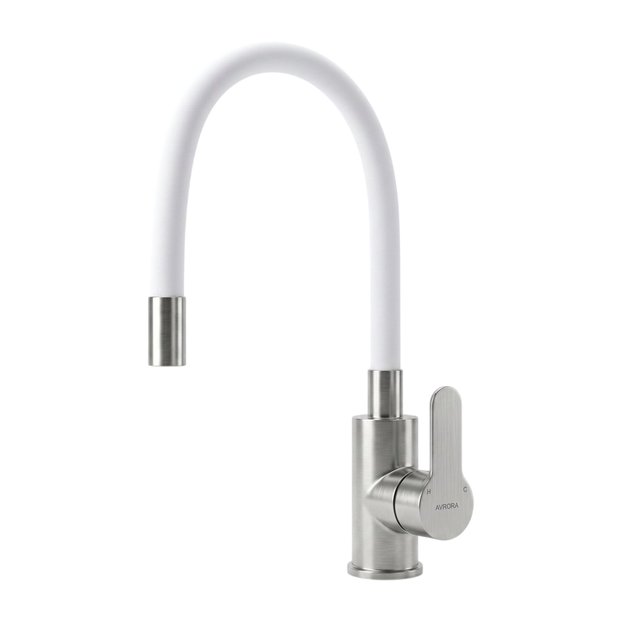 Смеситель для кухни AVRORA KITCHEN с гибким изливом, цвет нержавеющая сталь, цвет излива белый