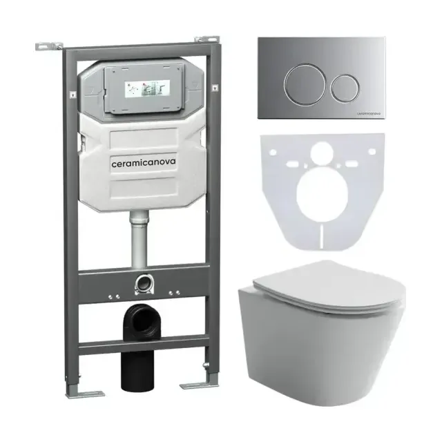 Комплект инсталляции Ceramicanova Envision, унитаз Balearica Rimless, клавиша смыва Round хром матовый
