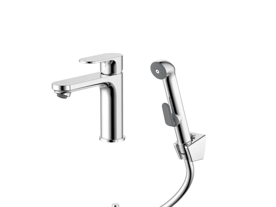AQ1912CR АЛЬФА смеситель для раковины 110 без донного клапана с гигиеническим ручным душем