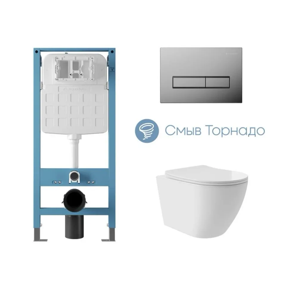 Комплект инсталляции Aqueduto Техника Ново (TECNICA Novo) с безободковым унитазом ОВО Плюс Торнадо (OVO Plus Tornado) белый глянец, клавиша смыва Ретангуло (RETANGULO) глянцевый хром