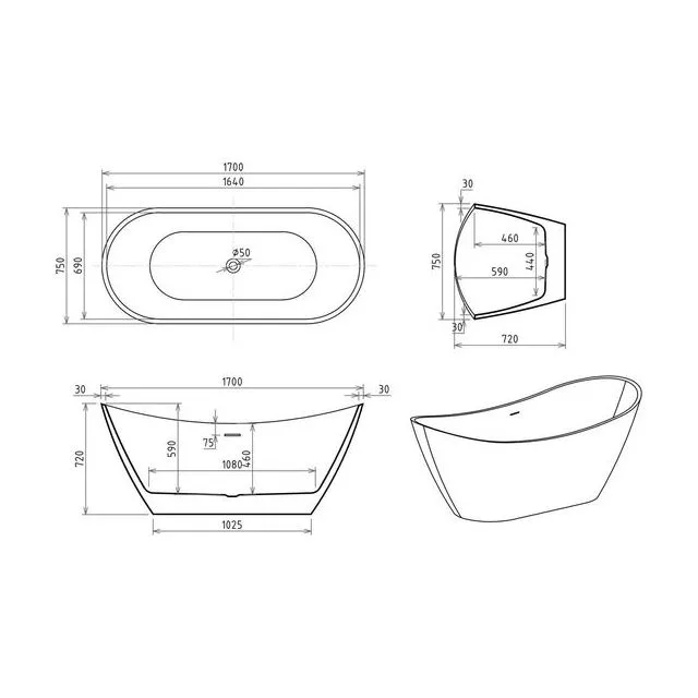 Акриловая ванна WAVE RB610101 170х75х68