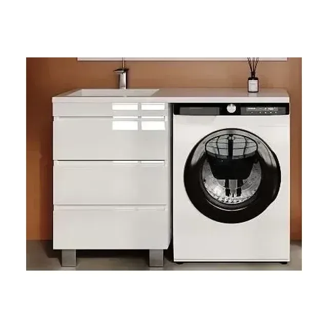 Тумба с раковиной Style Line Даллас Леон 120 L напольная 3 ящика белый глянец под стиральную машину