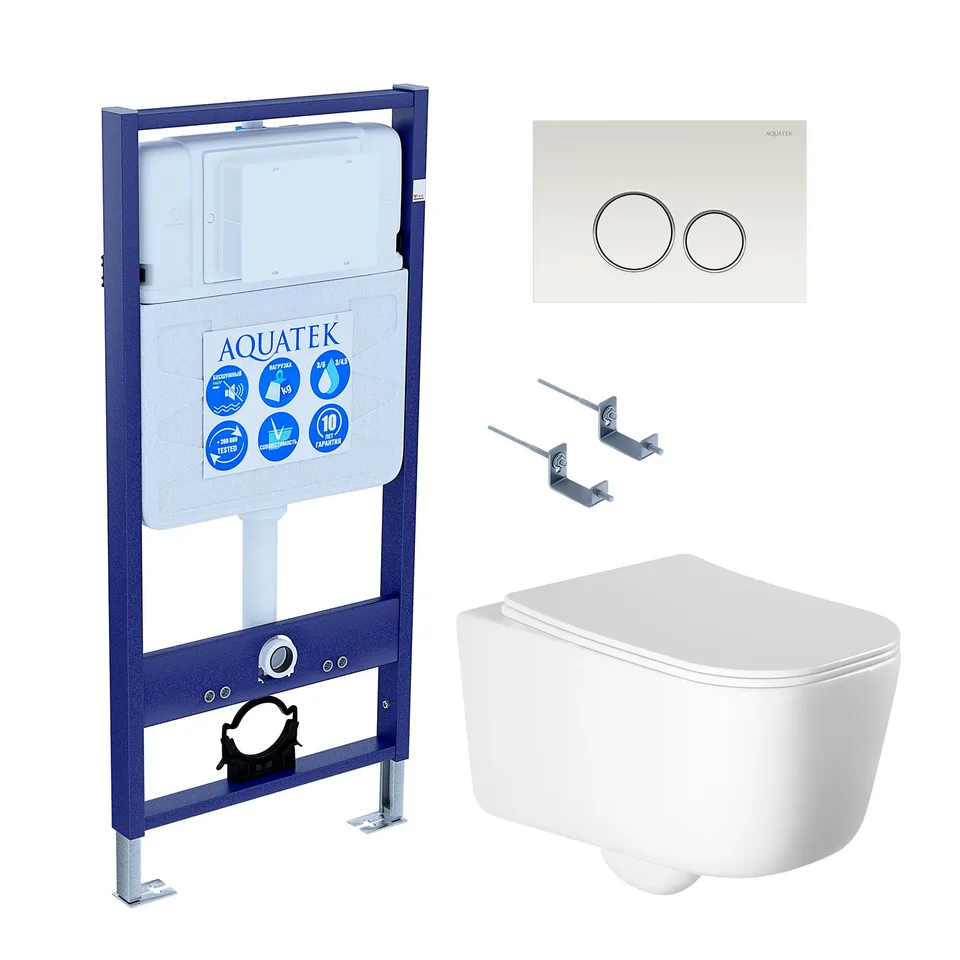 SET AQUATEK ЛУГАНО-015 4в1 (рама AQUATEK Standard INS-0000012+ крепеж KKI-0000002+клавиша KDI-0000015+унитаз ЛУГАНО AQ2002-00 с тонким сиденьем soft-close)
