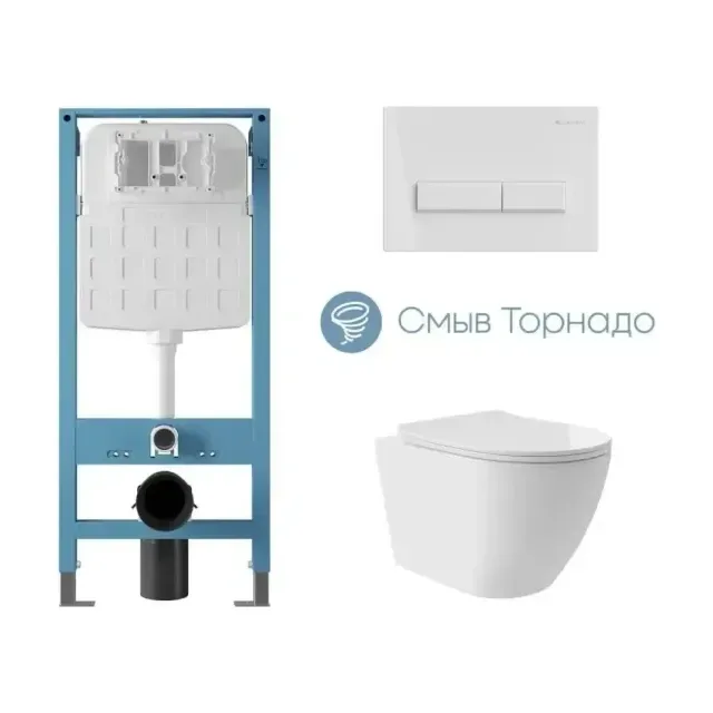 Комплект инсталляции Aqueduto Техника Ново (TECNICA Novo) с безободковым унитазом ОВО Плюс Торнадо (OVO Plus Tornado) белый глянец, клавиша смыва Ретангуло (RETANGULO) белый глянец