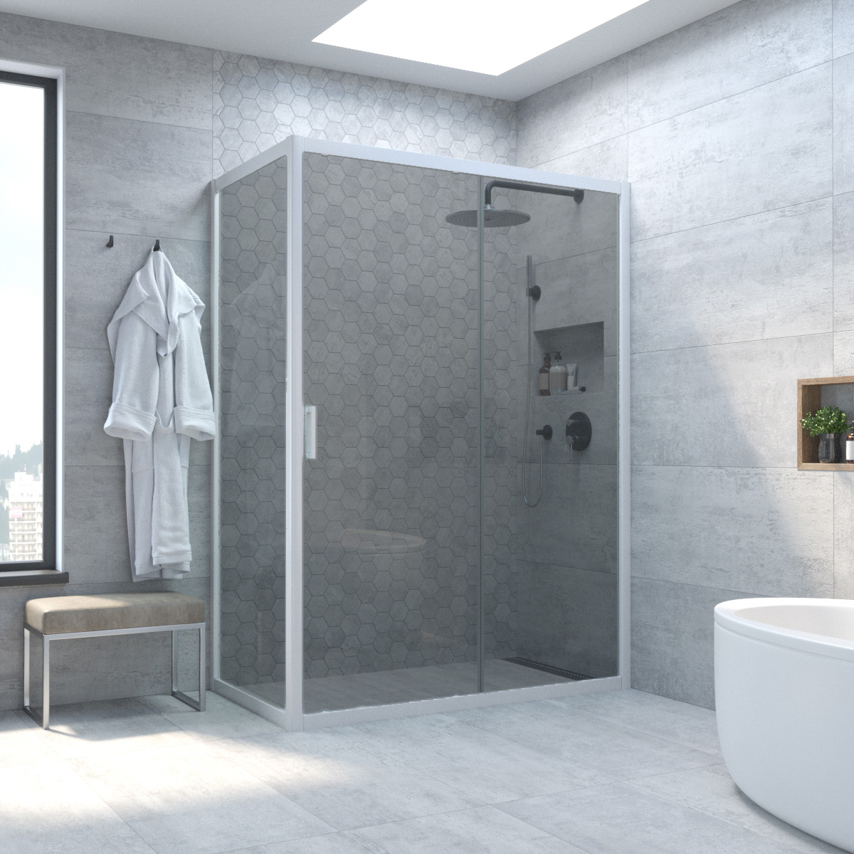 Душевой уголок ZP+ZPV NOVO h2000 100*85 01 07, профиль белый, стекло графит