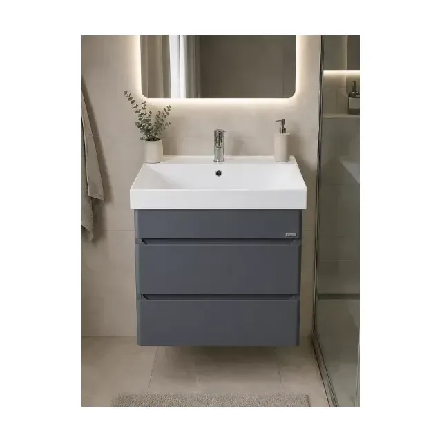 Аквадом Тумба Бриони 60 см, подвесная, цвет графит, 2 ящика, с раковиной KERAMA MARAZZI Cubo