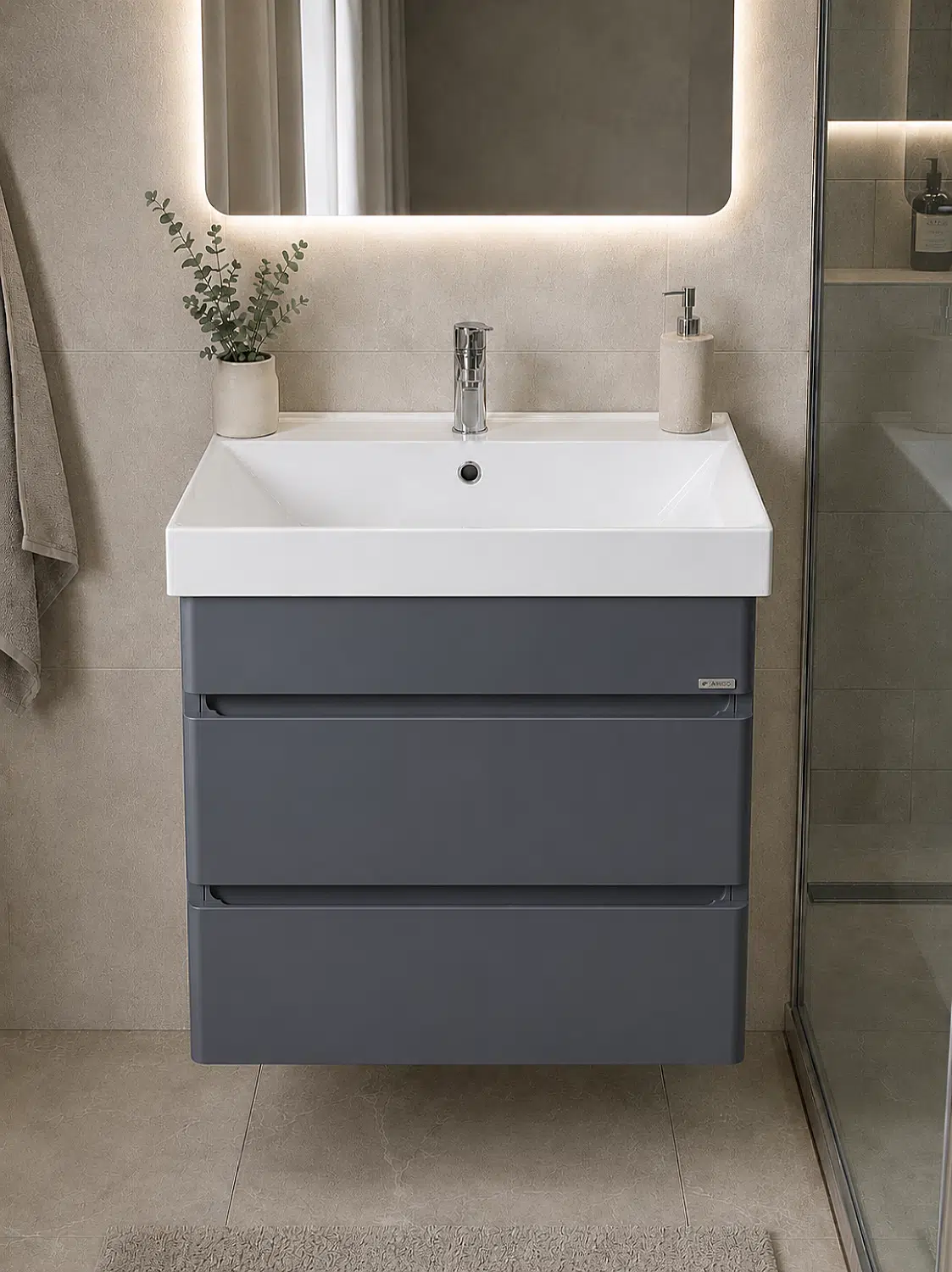 Аквадом Тумба Бриони 60 см, подвесная, цвет графит, 2 ящика, с раковиной KERAMA MARAZZI Cubo