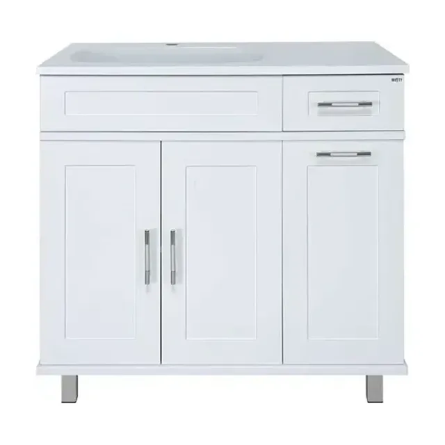 Тумба с раковиной Misty Купер 90 L белая с бельевой корзиной