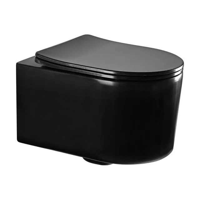 Унитаз-компакт подвесной безободковый AQUATEK МИЯ AQ2004-MB 490*370*340 мм, черный матовый, горизонтальный выпуск, тонкое сиденье с механизмом плавного закрывания, крепеж