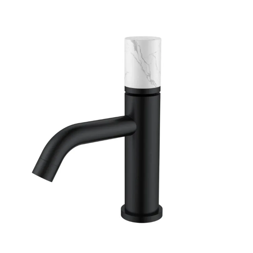 Смеситель Boheme Stick 121-B-MR-W для раковины черный матовый ручка белый мрамор