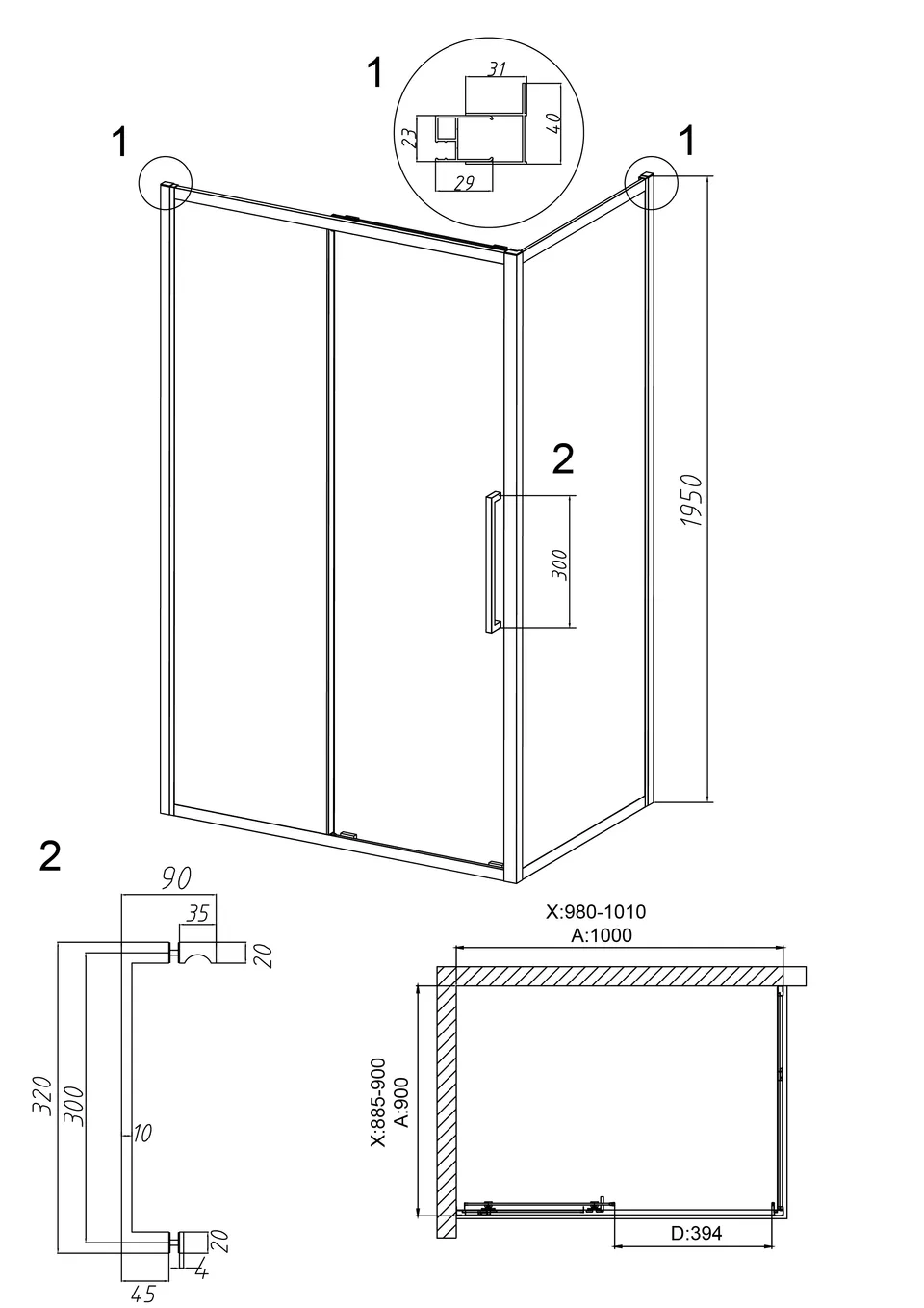 Душевое ограждение Grossman Cosmo 100.K33.02.100.32.00-200.K33.02.90.32.00 (100х90х195) раздвижная,золото сатин,стекло прозрачное,2 места