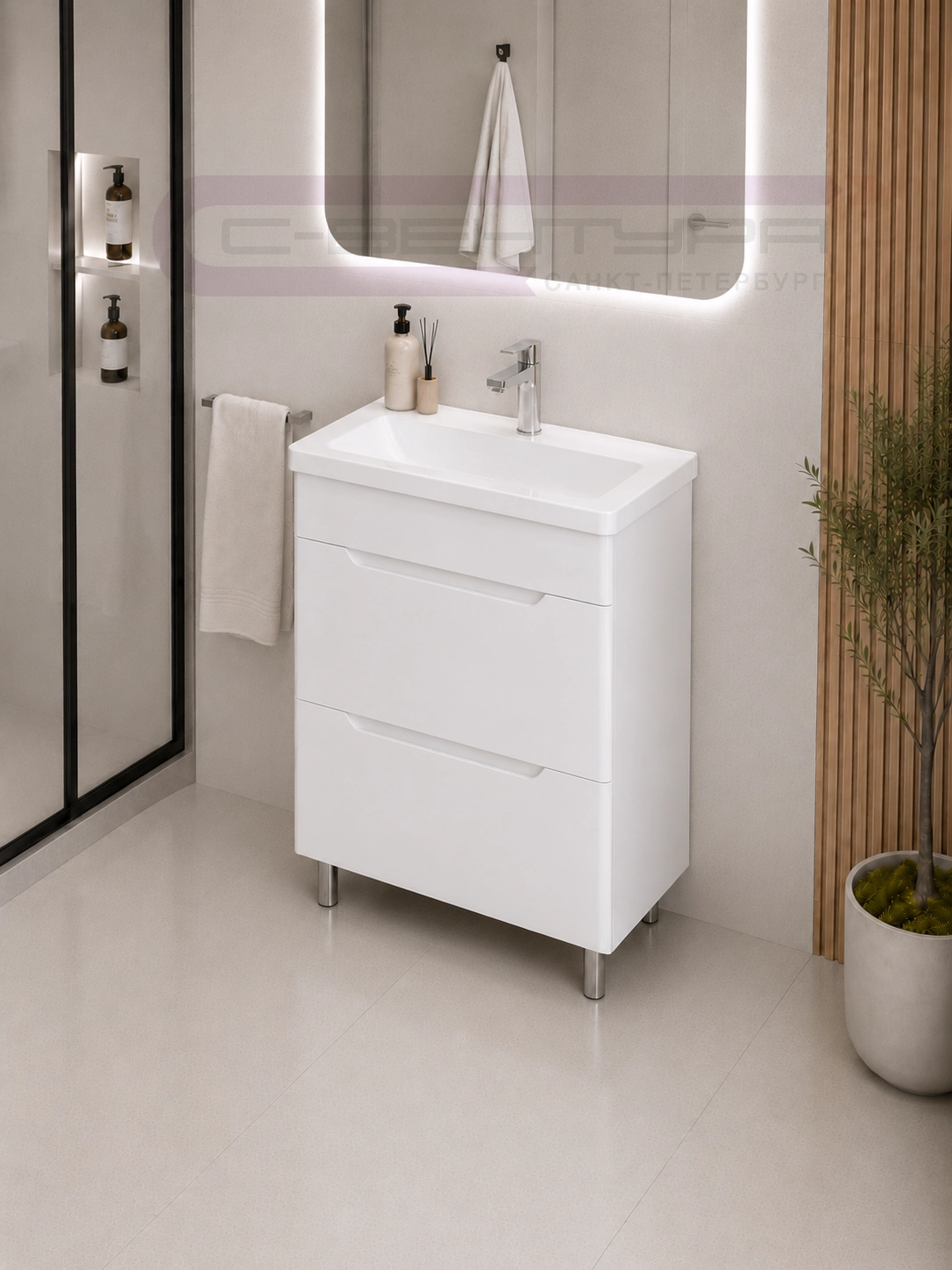 Аквадом Тумба Рада 60 см, напольная, цвет белый, 2 ящика, с раковиной Modul Slim