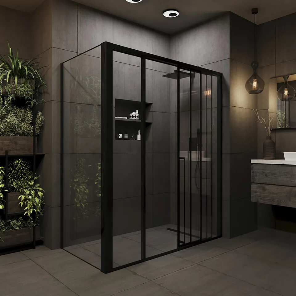 Боковая панель Veconi Premium Prato SP B, 900x2000, черный матовый, стекло прозрачное