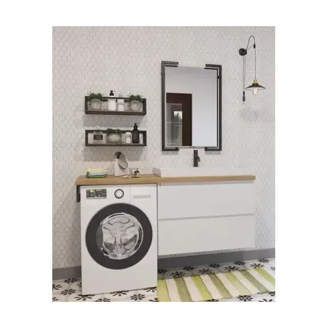 Комплект мебели Эстет Malibu Luxe 155 белый/светлый дуб R под стиральную машину 2 ящика подвесная
