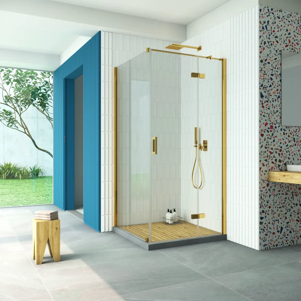 Душевое ограждение Vegas-Glass AFP-Fis Retta 100×110×199.5 см, золото глянцевое, стекло crystalvision