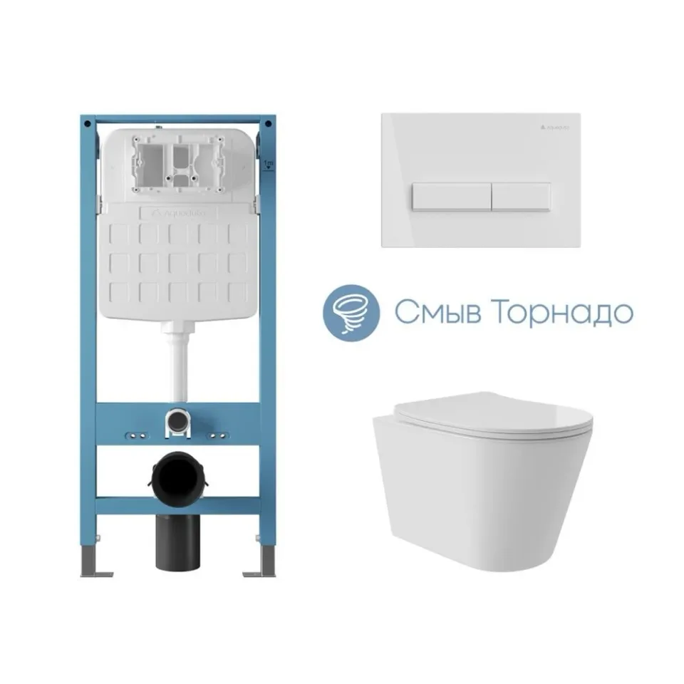 Комплект инсталляции Aqueduto Техника Ново (TECNICA Novo) с безободковым унитазом Коне (Cone) Плюс (Plus) Торнадо белый глянец, клавиша смыва Ретангуло (RETANGULO) белый глянец