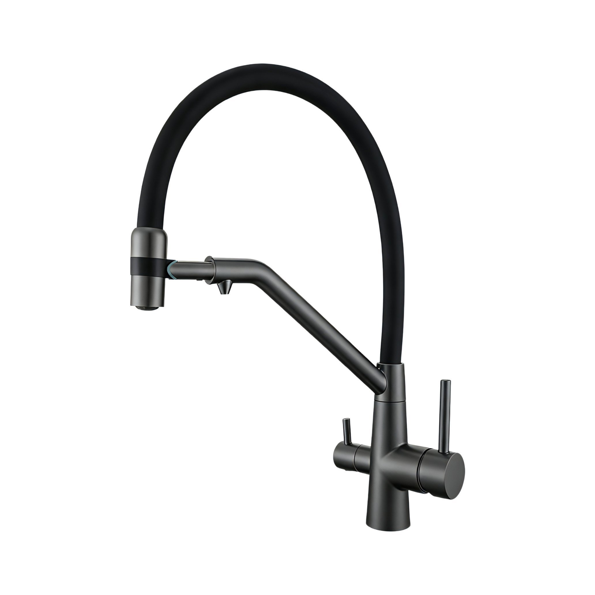 Смеситель для кухни с подключением фильтра AVRORA KITCHEN с гибким изливом, цвет оружейная сталь, цвет излива чёрный
