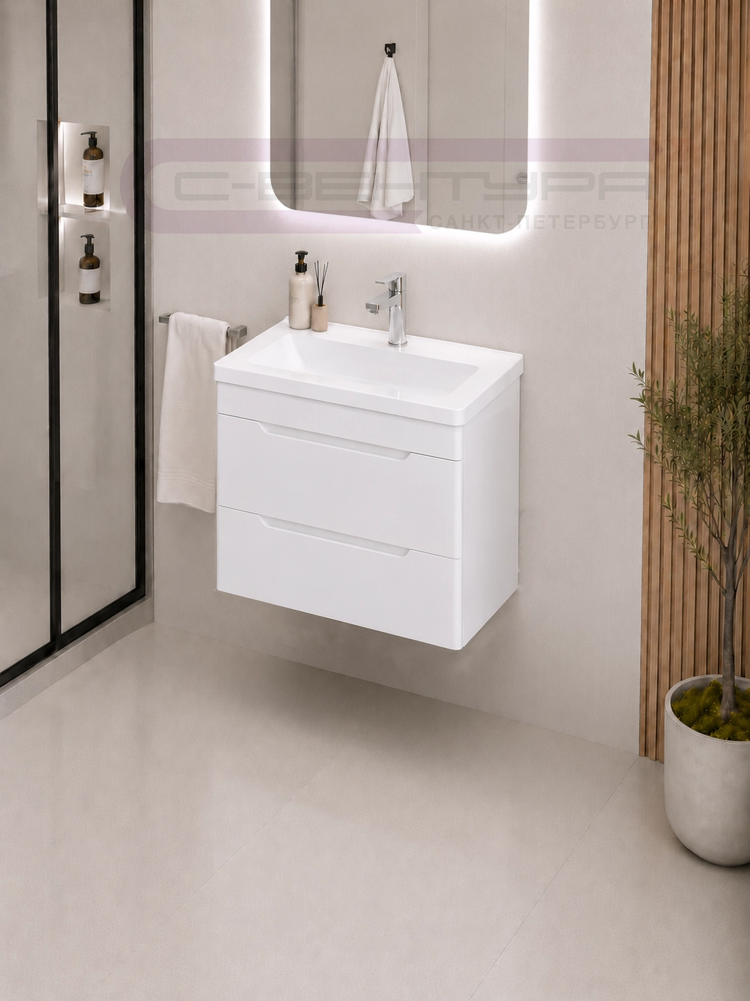 Аквадом Тумба Рада 60 см, подвесная, цвет белый, 2 ящика, с раковиной Modul Slim