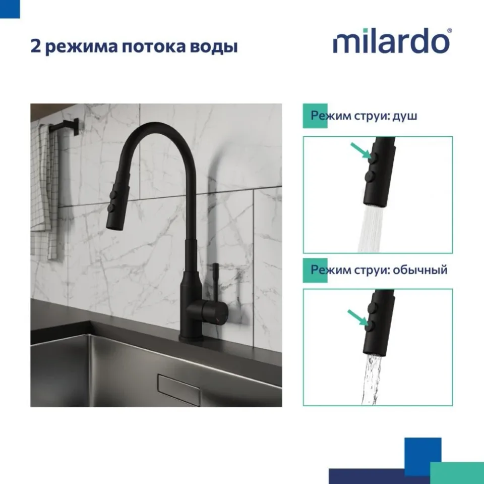 Смеситель Milardo Мил (Meal) M01BL2FM05 для кухни с гибким изливом и душевой насадкой, черный матовый