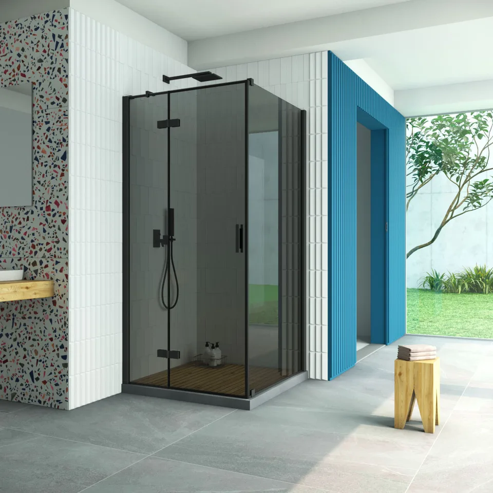 Душевое ограждение Vegas-Glass AFP-Fis Retta 80×110×199.5 см, чёрный матовый, стекло графит