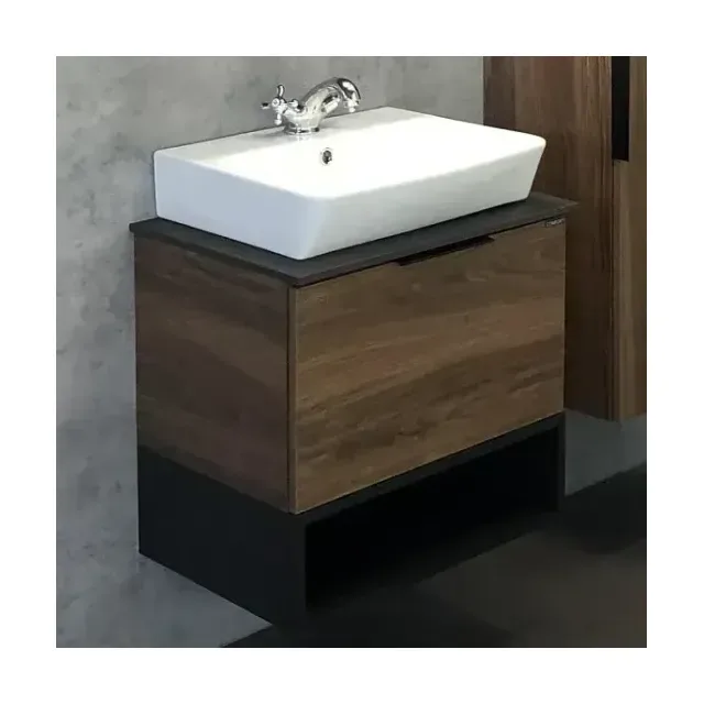 Тумба с раковиной Comforty Штутгарт 60 дуб темно-коричневый с черной столешницей (раковина Comforty 9055RA-50)