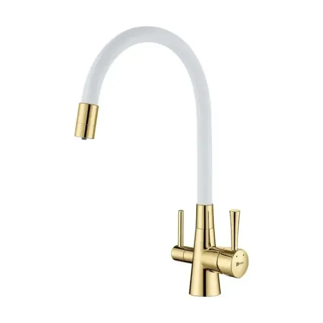 Смеситель Lemark Comfort LM3075G-White для кухни с функцией подключения фильтра и гибким изливом золото/белый