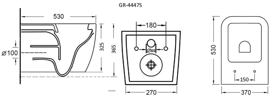 Унитаз подвесной Grossman GR-4447S (530х370х365) безободковый,белый с тонкой крышкой,микролифт,1 место