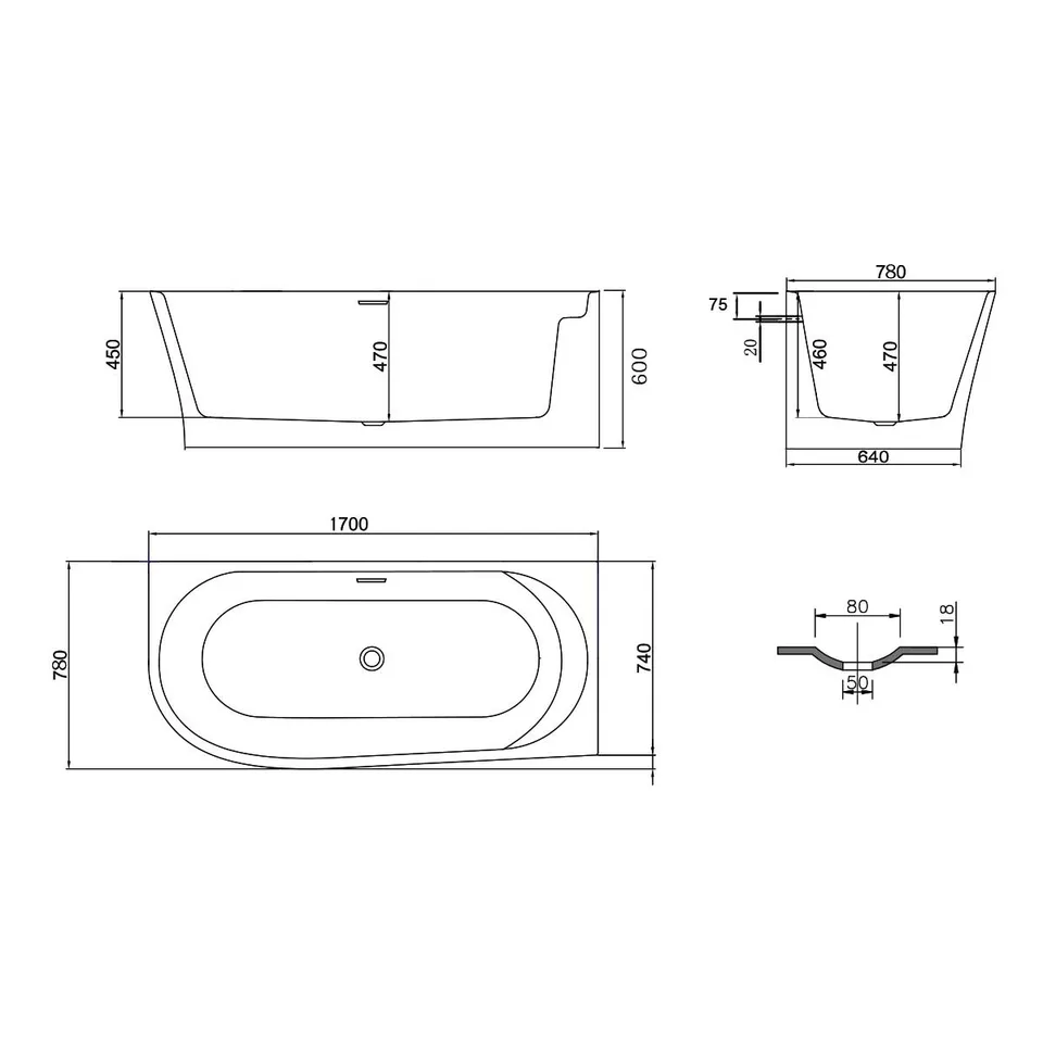 Ванна акриловая Vincea VBT-301-1700R, 1700*780*600, цвет белый, правая, слив-перелив в комплекте, хро