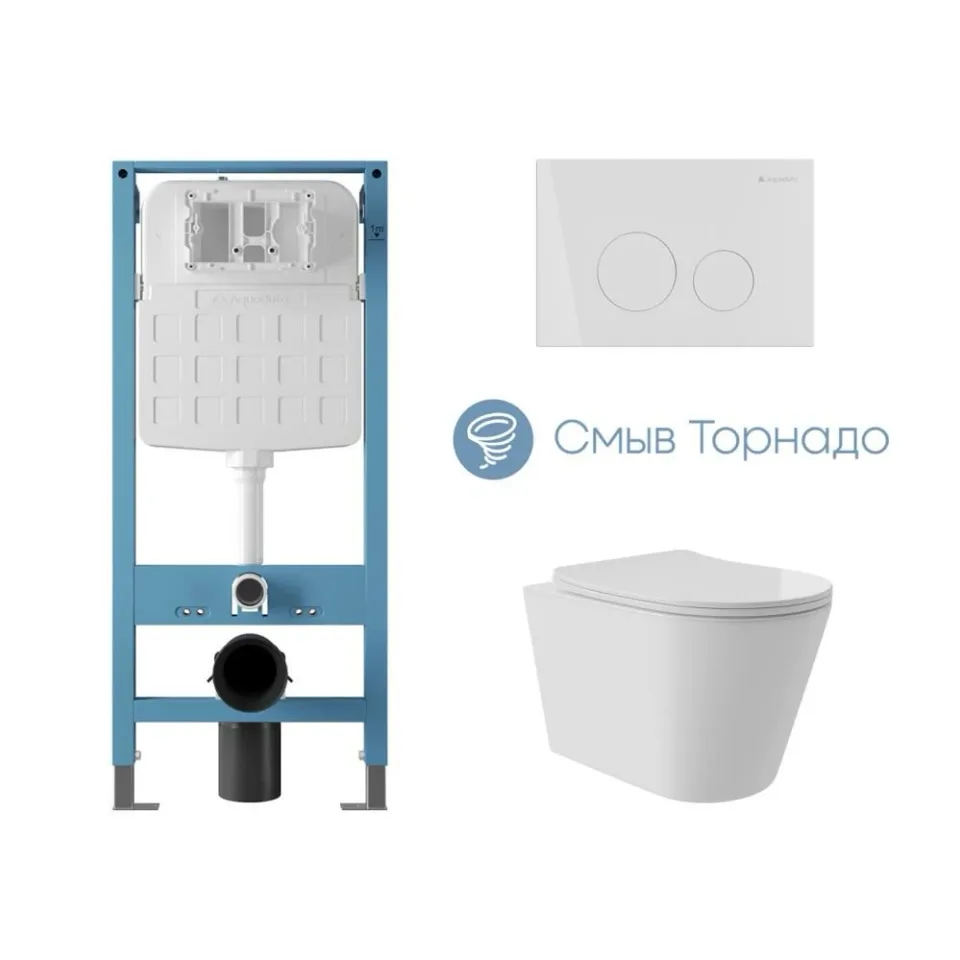 Комплект инсталляции Aqueduto Техника Ново (TECNICA Novo) с безободковым унитазом Коне (Cone) Плюс (Plus) Торнадо белый глянец, клавиша смыва Циркуло (CIRCULO) белый глянец