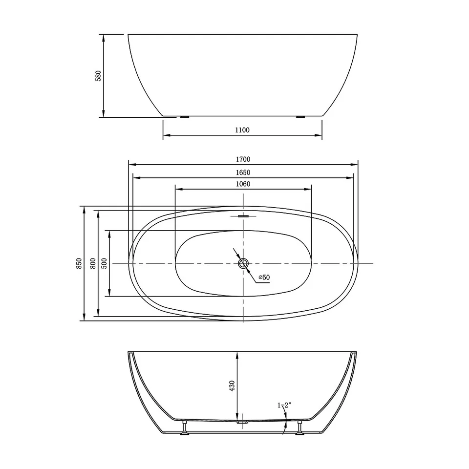 Ванна акриловая Vincea VBT-404-1700, 1700*850*580, цвет белый, слив-перелив в комплекте