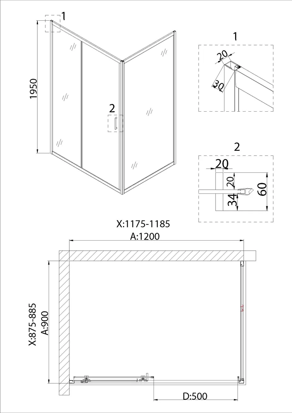 Душевое ограждение Niagara Nova NG-82-12AB-A90B (120х90х195) прямоугольник,черный, дверь раздвижная,стекло прозрачное,2 места