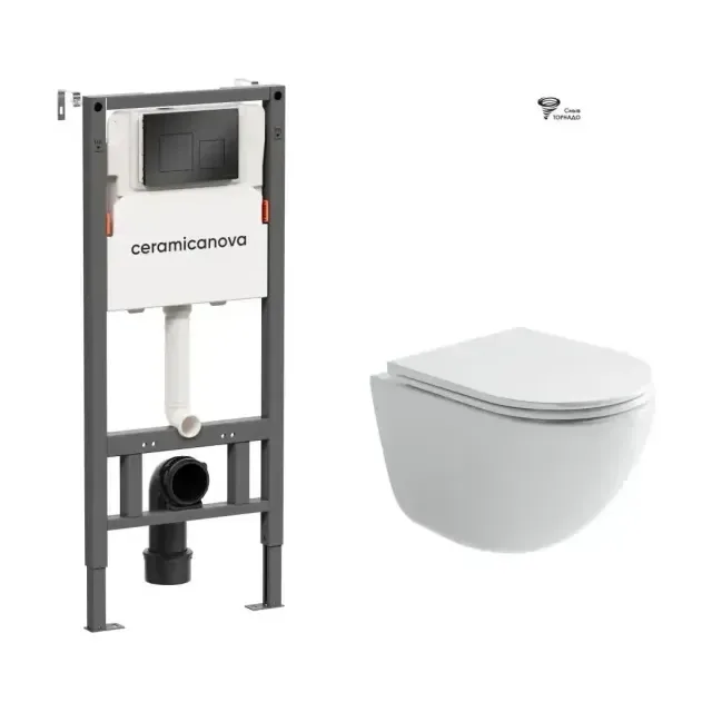 Комплект инсталляции Ceramicanova Balance с унитазом Vogue торнадо и кнопкой смыва Square, цвет черный матовый, с креплениями