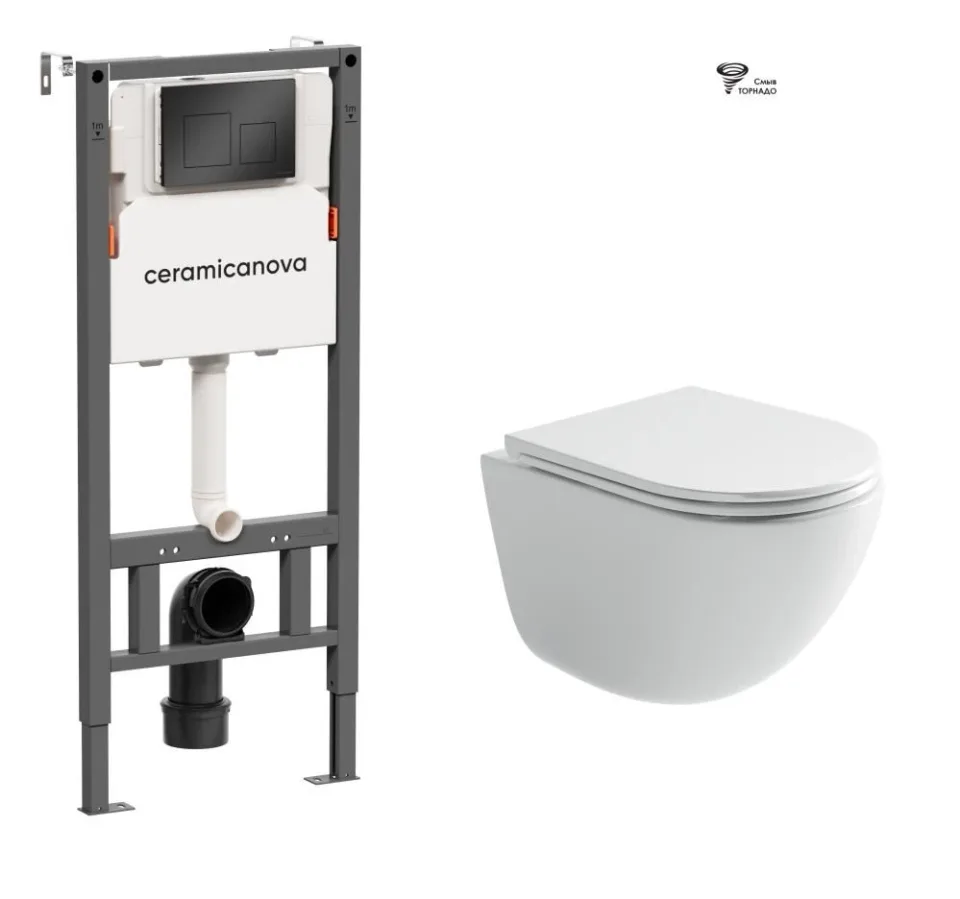 Комплект инсталляции Ceramicanova Balance с унитазом Vogue торнадо и кнопкой смыва Square, цвет черный матовый, с креплениями