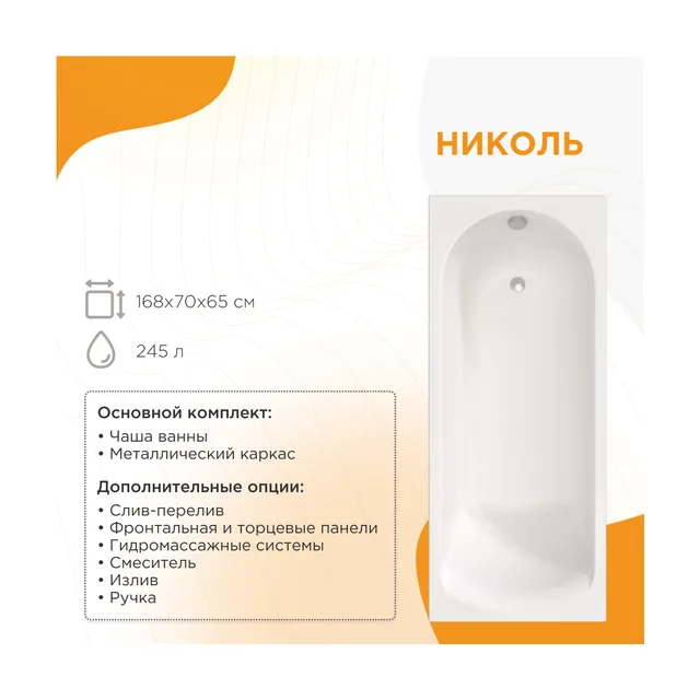 Акриловая ванна Николь 168х70, чаша, каркас
