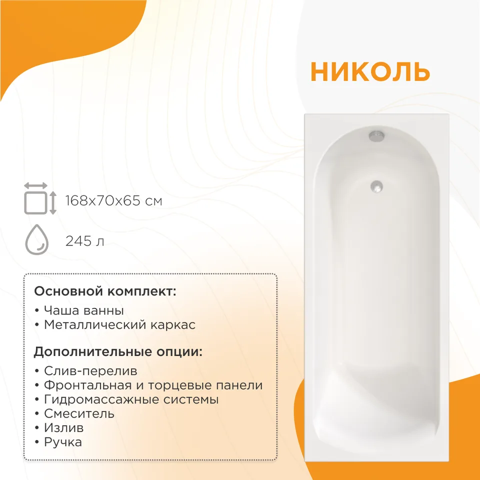 Акриловая ванна Николь 168х70, чаша, каркас