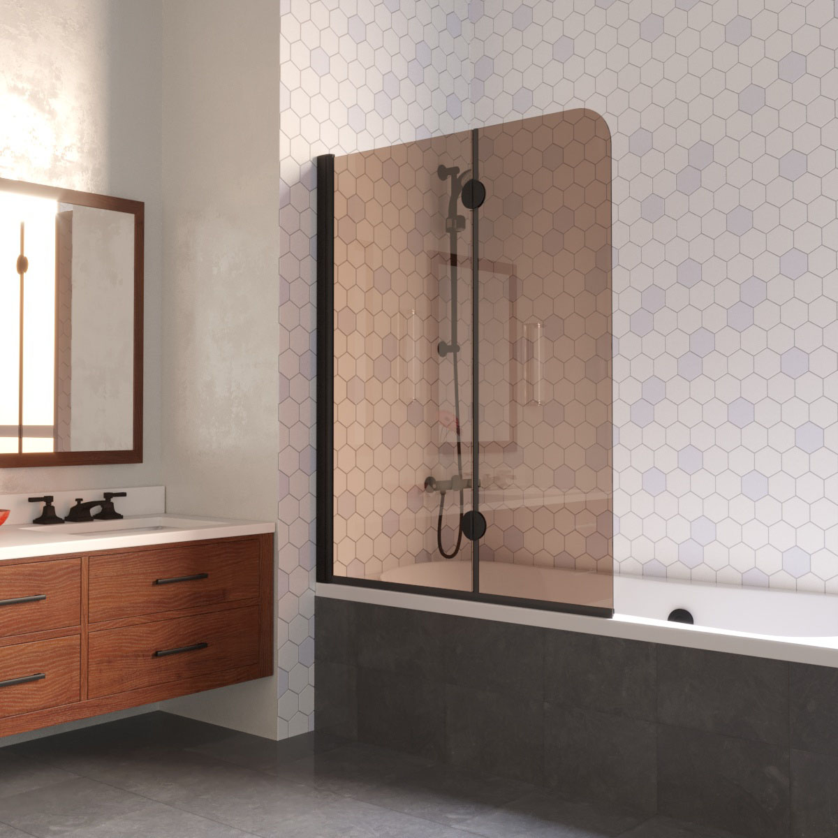 Шторка на ванную E2V LUX 120 02М 05 L, профиль черный матовый, стекло бронза