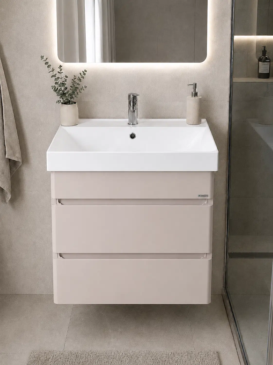 Аквадом Тумба Бриони 60 см, подвесная, цвет крем, 2 ящика, с раковиной KERAMA MARAZZI Cubo