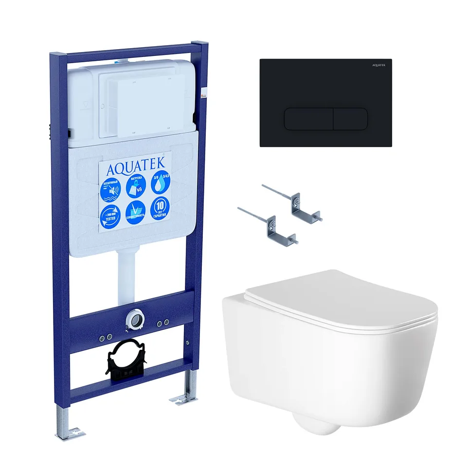 SET AQUATEK ЛУГАНО-017 4в1 (рама AQUATEK Standard INS-0000012+ крепеж KKI-0000002+клавиша KDI-0000017+унитаз ЛУГАНО AQ2002-00 с тонким сиденьем soft-close)