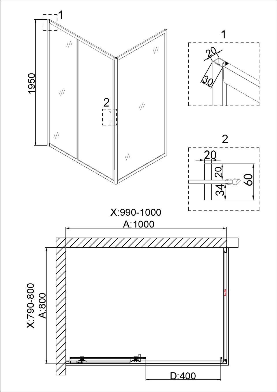 Душевое ограждение Niagara Nova NG-42-10AG-A80G (100х80х195) прямоугольник,золото,двери раздвижные,стекло прозрачное,2 места